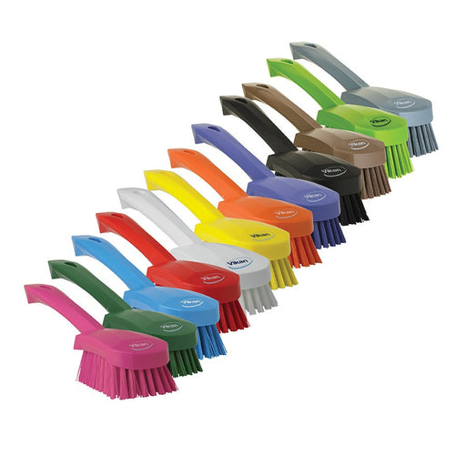 Set of colorful cleaning brushes with visible brand logo on a white background